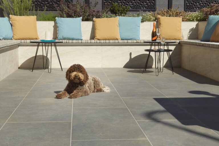 Kate Charles Garden Design – 4. Paved Garden a sleek paved garden with built in seating and planting behind the seating. There are blue and yellow cushions on the seats, and a brown labradoodle type dog lying on the floor. A small table holds glasses and a bottle of champagne.