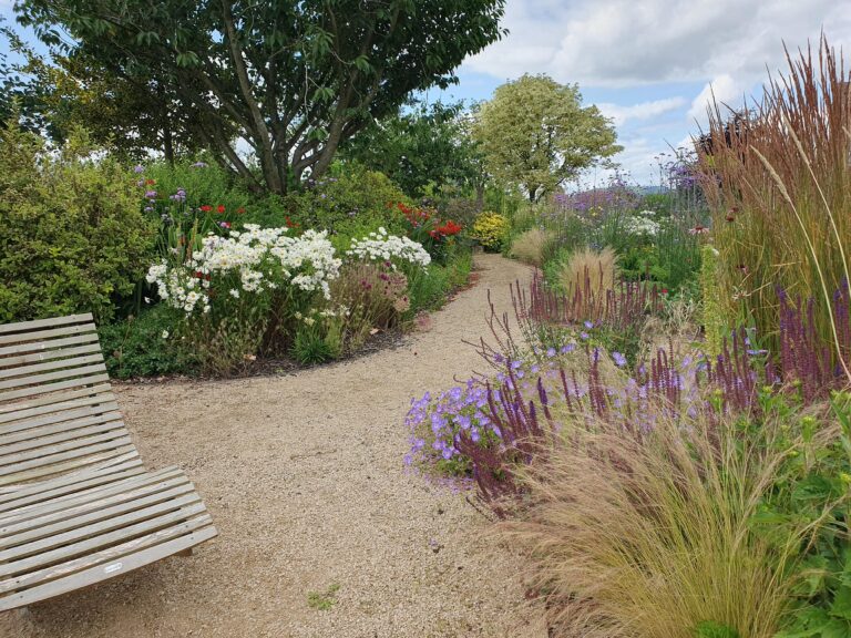 Kate Charles Garden Design – Stream Garden – 11 Richly planted flowerbeds either side of a winding gravel path, with a seat in the foreground. The plants are tall and all shades of white, purple and red.