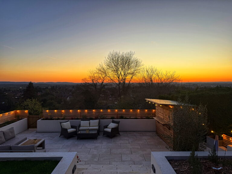 Kate Charles Garden Design – Seating Area at night