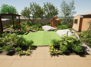 Kate Charles Garden Design - Alpine Garden Render - A circular lawn with path behind, and seating areas positioned to capture the views across the garden
