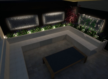 Kate Charles Garden Design - Contemporary screens mask subtle lighting, to make the most of the space in the evening.