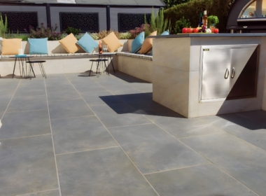 Kate Charles Garden Design - Showing the beautiful paving from Pavestone, and the clean lines of the design