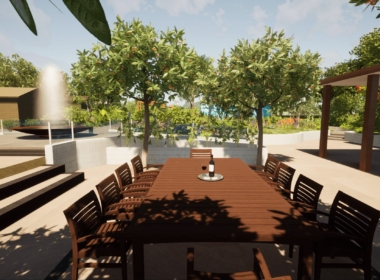 Concept render showing the planting slightly more mature, and the potential for family-sized dining Kate Charles Garden Design - Concept render showing the planting slightly more mature, and the potential for family-sized dining