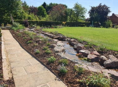 Stream and path, newly planted Kate Charles Garden Design - Stream and path, newly planted