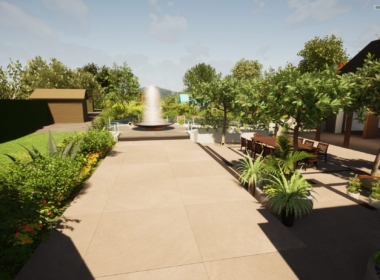 Render of a view across the lawn to the new greenhouse Kate Charles Garden Design - Render of a view across the lawn to the new greenhouse