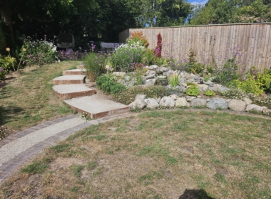 The view across the garden to the pond